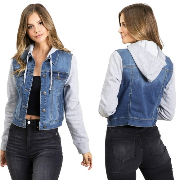Wax Jean Denim and Gray Hooded Women's Jacket Trucker Hoodie - Picture 1 of 3